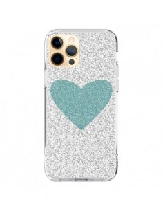 Coque iPhone 12 Pro Max Coeur Bleu Vert Argent Love -...