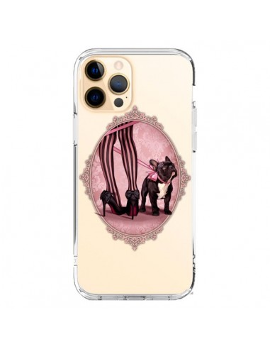 Coque iPhone 12 Pro Max Lady Jambes Chien Bulldog Dog Rose Pois Noir Transparente - Maryline Cazenave