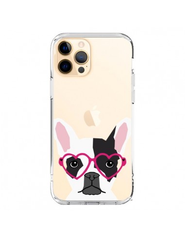 Coque iPhone 12 Pro Max Bulldog Français Lunettes Coeurs Chien Transparente - Pet Friendly