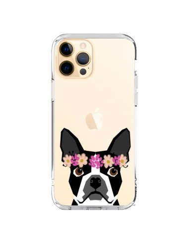 Coque iPhone 12 Pro Max Boston Terrier Fleurs Chien Transparente - Pet Friendly
