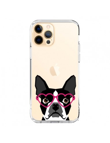 Coque iPhone 12 Pro Max Boston Terrier Lunettes Coeurs Chien Transparente - Pet Friendly