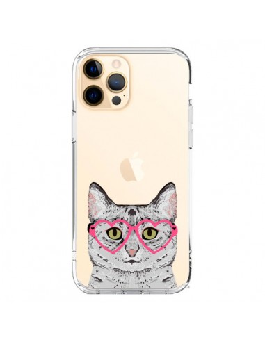 Coque iPhone 12 Pro Max Chat Gris Lunettes Coeurs Transparente - Pet Friendly
