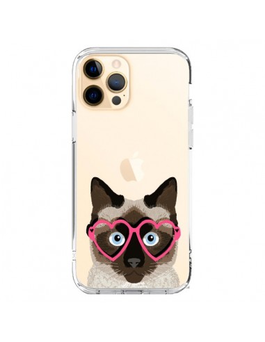 Coque iPhone 12 Pro Max Chat Marron Lunettes Coeurs Transparente - Pet Friendly