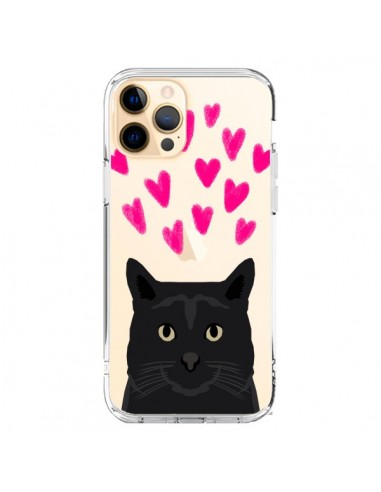 Coque iPhone 12 Pro Max Chat Noir Coeurs Transparente - Pet Friendly