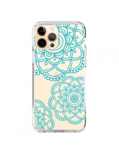 Coque iPhone 12 Pro Max Mandala Bleu Aqua Doodle Flower Transparente - Sylvia Cook