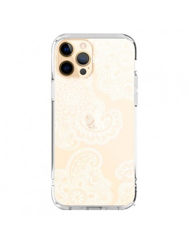 Coque iPhone 12 Pro Max Lacey Paisley Mandala Blanc Fleur Transparente - Sylvia Cook