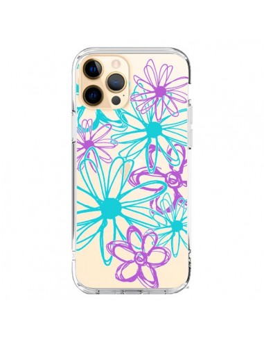 Coque iPhone 12 Pro Max Turquoise and Purple Flowers Fleurs Violettes Transparente - Sylvia Cook