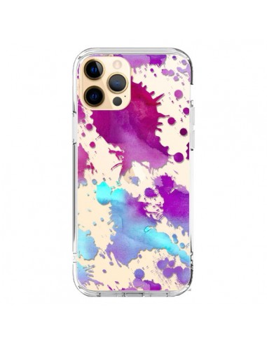 Coque iPhone 12 Pro Max Watercolor Splash Taches Bleu Violet Transparente - Sylvia Cook