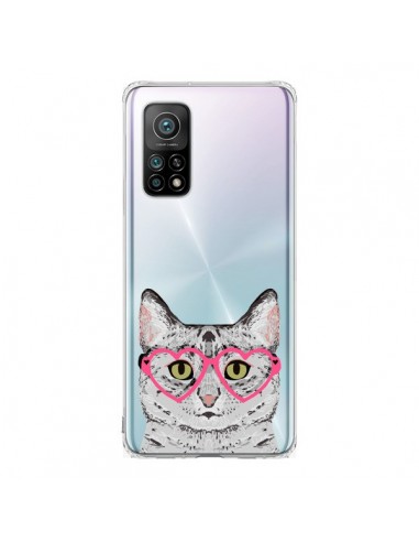 Coque Xiaomi Mi 10T / 10T Pro Chat Gris Lunettes Coeurs Transparente - Pet Friendly