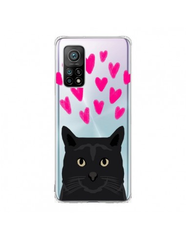 Coque Xiaomi Mi 10T / 10T Pro Chat Noir Coeurs Transparente - Pet Friendly