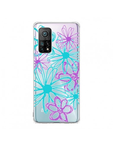 Coque Xiaomi Mi 10T / 10T Pro Turquoise and Purple Flowers Fleurs Violettes Transparente - Sylvia Cook