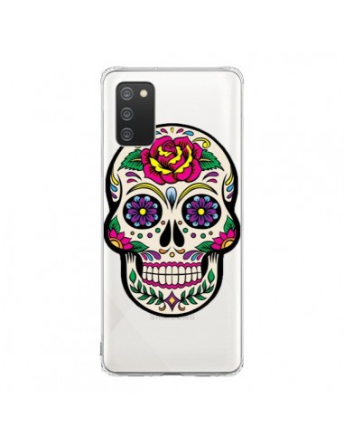 Coque Samsung A02S Tête de Mort Mexicaine Fleurs Transparente - Laetitia