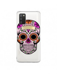 Coque Samsung A02S Tête de Mort Mexicaine Noir Rose...