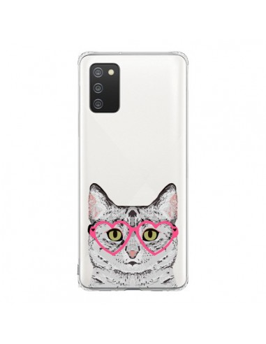 Coque Samsung A02S Chat Gris Lunettes Coeurs Transparente - Pet Friendly