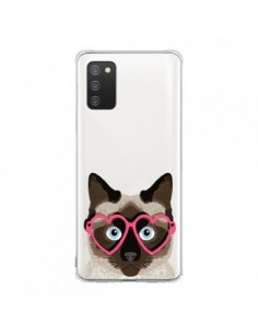 Coque Samsung A02S Chat Marron Lunettes Coeurs...