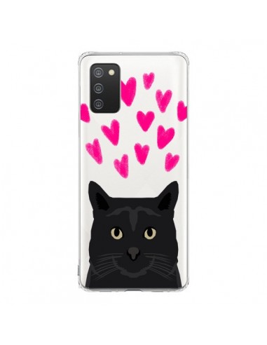 Coque Samsung A02S Chat Noir Coeurs Transparente - Pet Friendly