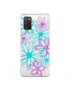 Coque Samsung A02S Turquoise and Purple Flowers Fleurs...
