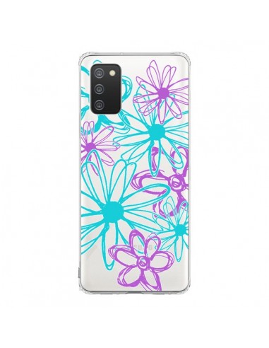 Coque Samsung A02S Turquoise and Purple Flowers Fleurs Violettes Transparente - Sylvia Cook