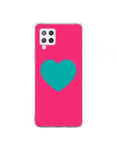 Coque Samsung A42 Coeur Bleu Fond Rose - Laetitia