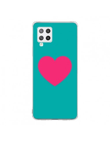 Coque Samsung A42 Coeur Rose Fond Bleu  - Laetitia