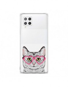 Coque Samsung A42 Chat Gris Lunettes Coeurs Transparente...
