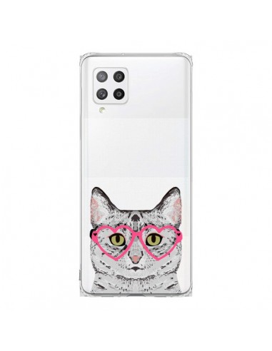 Coque Samsung A42 Chat Gris Lunettes Coeurs Transparente - Pet Friendly