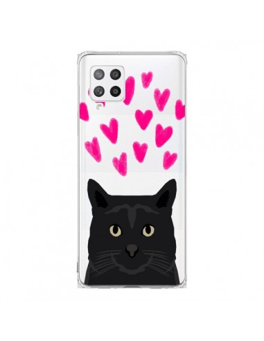 Coque Samsung A42 Chat Noir Coeurs Transparente - Pet Friendly