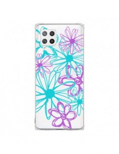 Coque Samsung A42 Turquoise and Purple Flowers Fleurs...