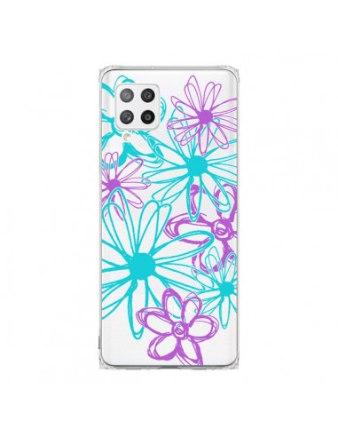 Coque Samsung A42 Turquoise and Purple Flowers Fleurs Violettes Transparente - Sylvia Cook