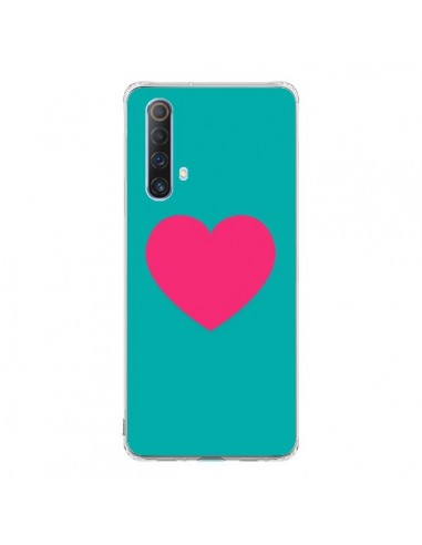 Coque Realme X50 5G Coeur Rose Fond Bleu  - Laetitia