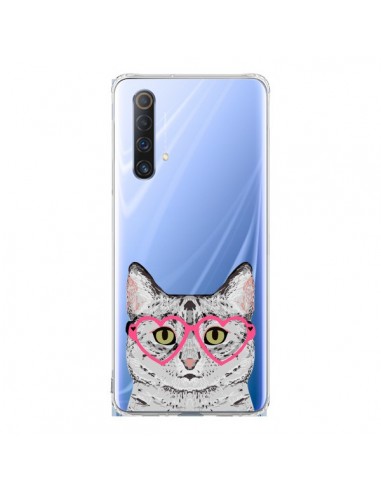 Coque Realme X50 5G Chat Gris Lunettes Coeurs Transparente - Pet Friendly