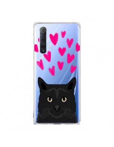 Coque Realme X50 5G Chat Noir Coeurs Transparente - Pet Friendly