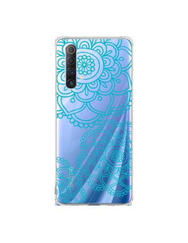 Coque Realme X50 5G Mandala Bleu Aqua Doodle Flower Transparente - Sylvia Cook