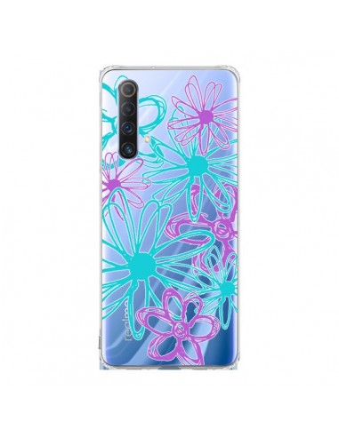 Coque Realme X50 5G Turquoise and Purple Flowers Fleurs Violettes Transparente - Sylvia Cook