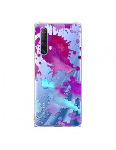 Coque Realme X50 5G Watercolor Splash Taches Bleu Violet Transparente - Sylvia Cook