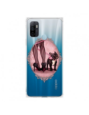 Coque Oppo A53 / A53s Lady Jambes Chien Bulldog Dog Rose Pois Noir Transparente - Maryline Cazenave