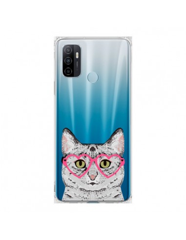 Coque Oppo A53 / A53s Chat Gris Lunettes Coeurs Transparente - Pet Friendly