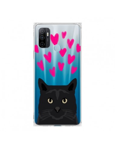 Coque Oppo A53 / A53s Chat Noir Coeurs Transparente - Pet Friendly