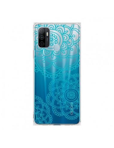 Coque Oppo A53 / A53s Mandala Bleu Aqua Doodle Flower Transparente - Sylvia Cook