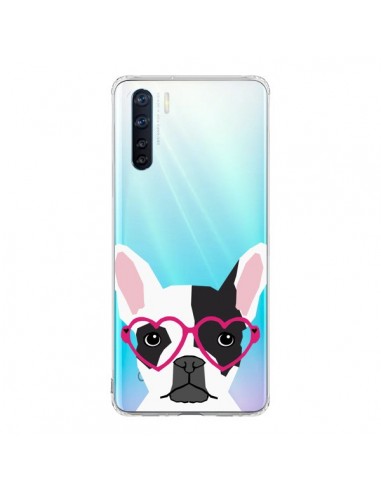 Coque Oppo Reno3 / A91 Bulldog Français Lunettes Coeurs Chien Transparente - Pet Friendly