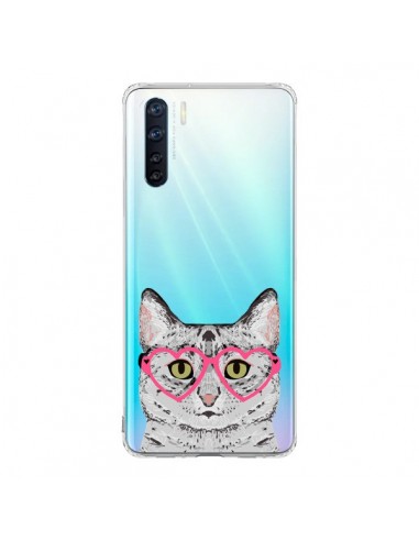 Coque Oppo Reno3 / A91 Chat Gris Lunettes Coeurs Transparente - Pet Friendly