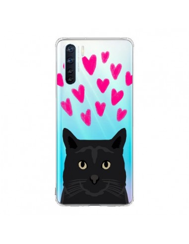 Coque Oppo Reno3 / A91 Chat Noir Coeurs Transparente - Pet Friendly