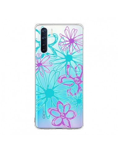 Coque Oppo Reno3 / A91 Turquoise and Purple Flowers Fleurs Violettes Transparente - Sylvia Cook