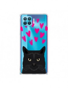 Coque Oppo Reno4 Lite Chat Noir Coeurs Transparente - Pet...