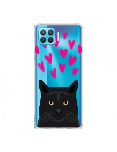 Coque Oppo Reno4 Lite Chat Noir Coeurs Transparente - Pet Friendly