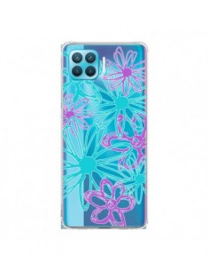 Coque Oppo Reno4 Lite Turquoise and Purple Flowers Fleurs...