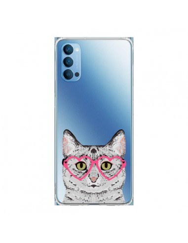 Coque Oppo Reno4 Pro 5G Chat Gris Lunettes Coeurs Transparente - Pet Friendly