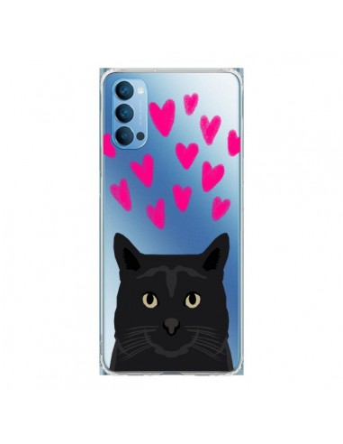 Coque Oppo Reno4 Pro 5G Chat Noir Coeurs Transparente - Pet Friendly