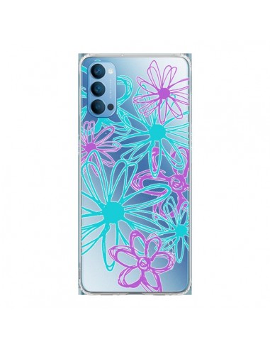 Coque Oppo Reno4 Pro 5G Turquoise and Purple Flowers Fleurs Violettes Transparente - Sylvia Cook