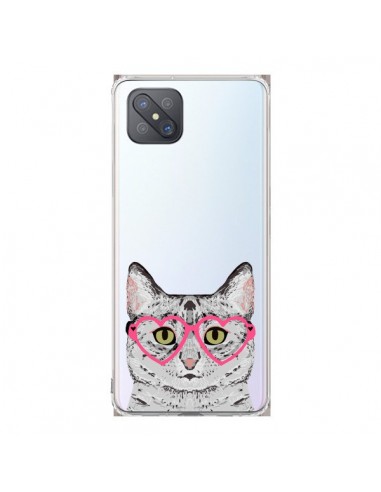 Coque Oppo Reno4 Z 5G Chat Gris Lunettes Coeurs Transparente - Pet Friendly